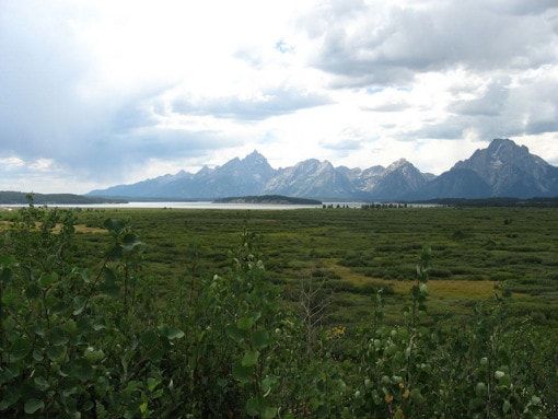 an open field with mountains in the distance and water on the other side that is surrounded by vegetation