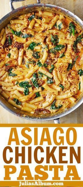 chicken pasta with spinach and cheese in a skillet on the side, text reads asiago chicken pasta pasta