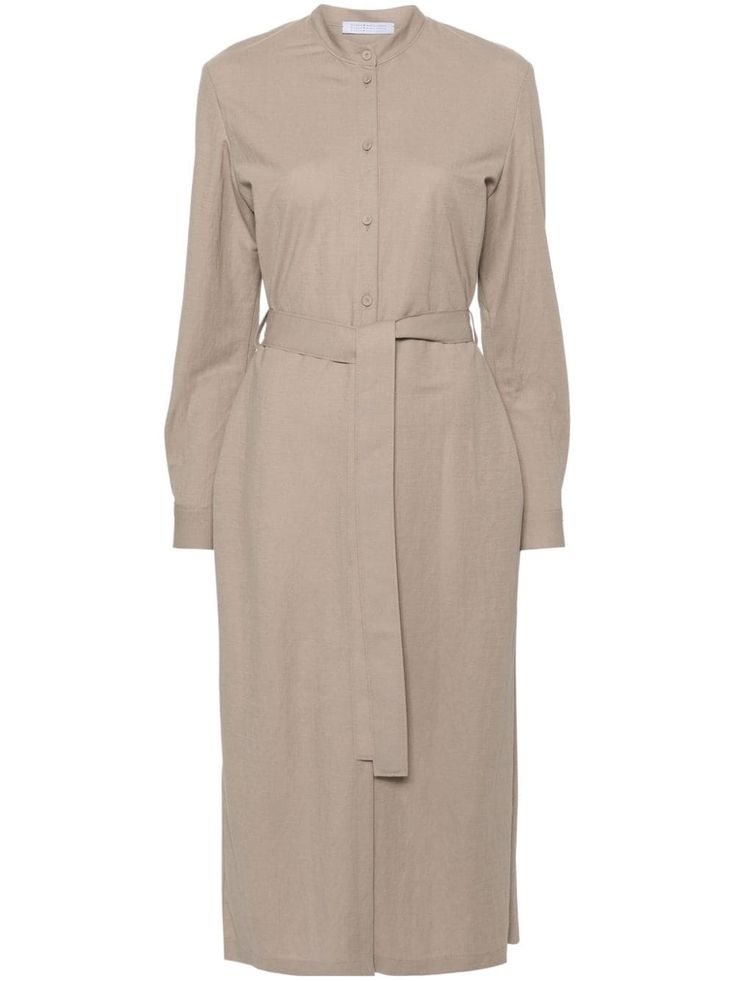 almond beige band collar long sleeves buttoned cuffs fabric-covered buttons pleat detailing to the sleeve belt loops detachable and adjustable waist tie mid-calf length straight hem front button fastening Bohemian Wedding Guest, Shirt Midi Dress, Harris Wharf London, Planet People, Versace Outfit, Yoko London, City Dress, Sustainable Practices, Fabric Covered Button