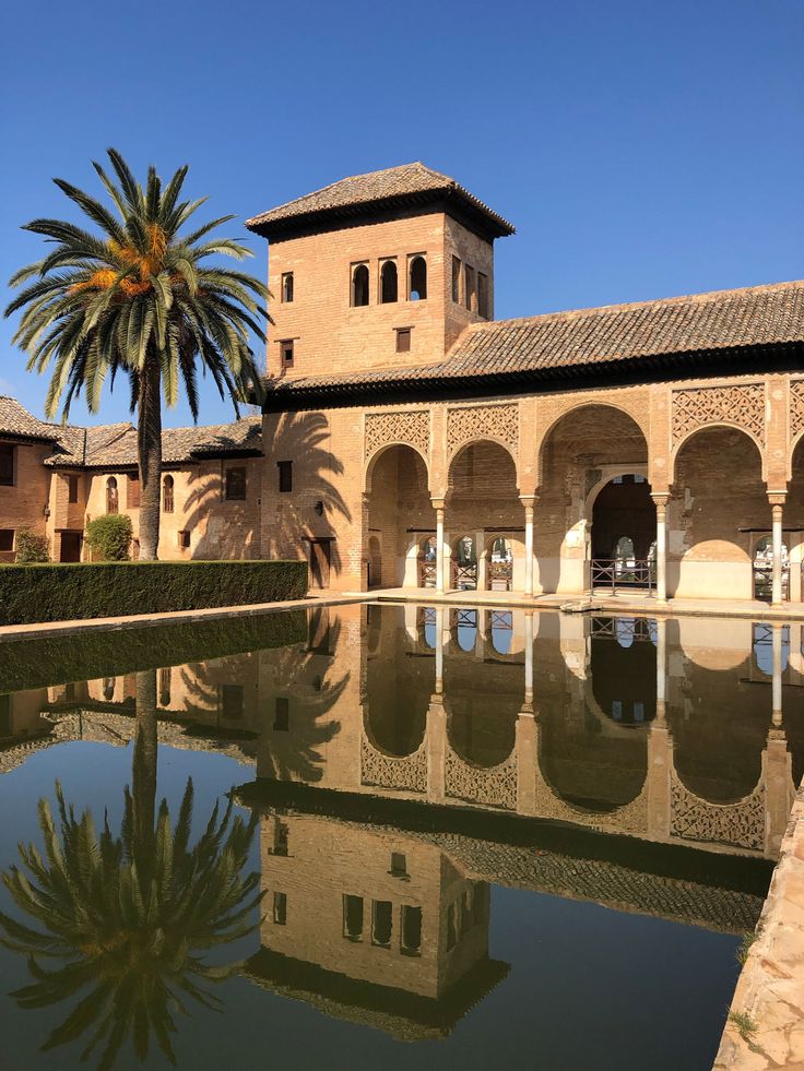 a building with a pool in front of it and a palm tree next to it