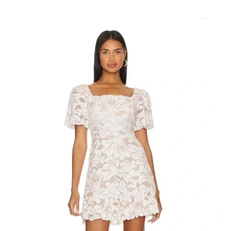 Whether You're Attending A Cocktail Party, A Night Out On The Town, Or A Special Event, The Bcbgmaxazria Short Evening Dress Embraces The Essence Of Glamor And Exudes Confidence. Decked With Floral Printed Details Throughout, This Dress Has A Scallop-Trimmed Square Neckline And Short Puff Sleeves. Sku: #9890459 Zippered Closure On The Back. Ruffled Hemline. Main: 52% Cotton, 43% Polyamide, 5% Elastane; Lining: 88% Polyester, 12% Spandex. Dry-Clean. Imported. Length: 32” Feminine Lace Dress With Square Neck For Wedding, Fitted Off-white Lace Dress With Scalloped Lace, Scalloped Lace Mini Dress With Sweetheart Neckline For Wedding, Wedding Mini Dress With Scalloped Lace And Sweetheart Neckline, Fitted Off White Lace Dress With Scalloped Lace, Fitted Off-white Lace Mini Dress, Fitted Off White Lace Mini Dress, Fitted Square Neck Lace Dress For Wedding, Fitted Square Neck Lace Wedding Dress