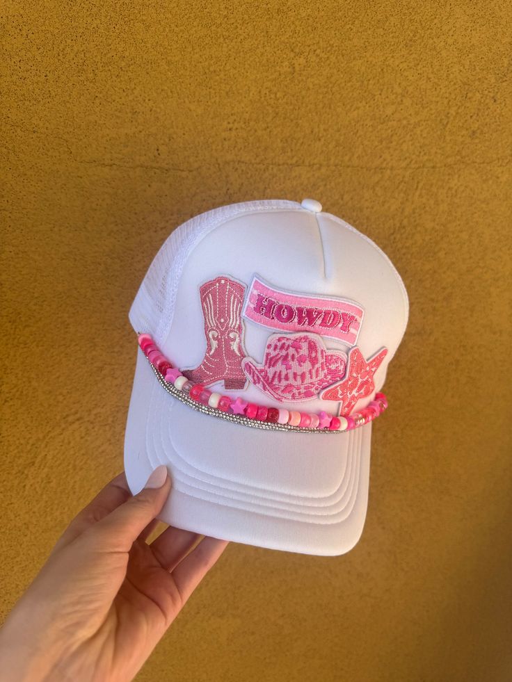 This custom made trucker patch hat is perfect for any occasion whether it be for spring/summer time, for the beach, or a gift for someone, not to mention just a cute accessory spice up to your outfit!  DETAILS-  * This hat is one size with an adjustable SnapBack that is adjustable from 20in. - 23.5in. * The color of this hat is white * Material of the hat is polyester with iron on patches  REFUNDS AND CANCELLATIONS- Every hat is handmade by me as a result, slight variations may occur from the picture  shown and also with patch size and or placement. If you have any issues or concerns with your hat please message me within 72 hours of receiving your order and I'd be happy to help. Cute Summer Hats With Curved Bill, Cute Trucker Hat With Flat Brim, White Snapback Mini Hats For Spring, Casual Baseball Cap With Patches For Summer, White Adjustable Trendy Trucker Hat, Trendy Adjustable White Trucker Hat, Trendy White Adjustable Trucker Hat, Casual Summer Baseball Cap With Patches, Casual Summer Baseball Cap Gift