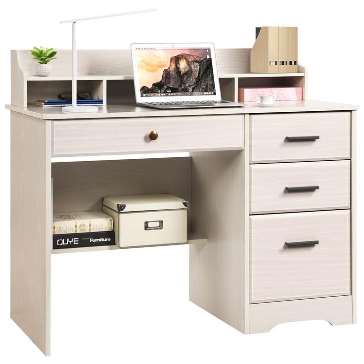 a computer desk with a laptop on top of it and drawers below the desk area