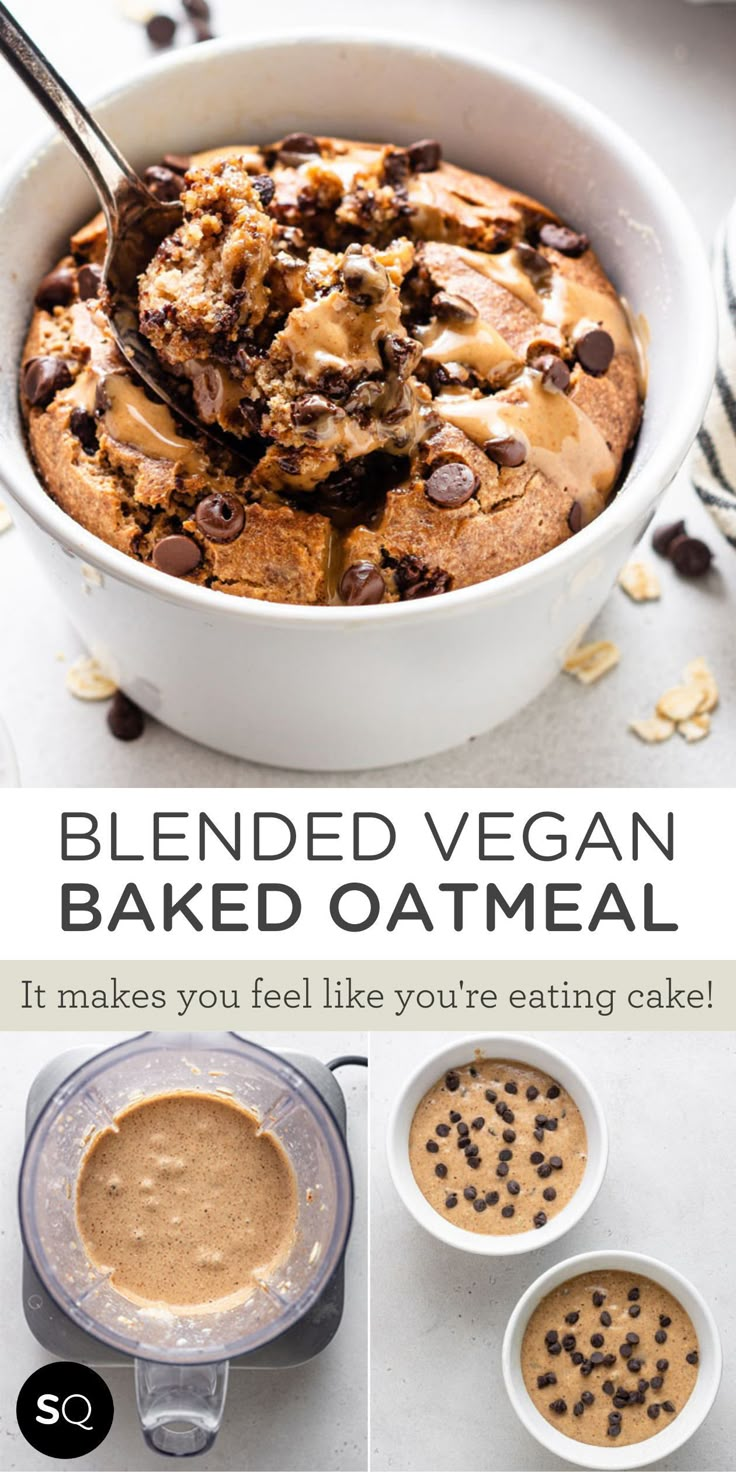 baked vegan baked oatmeal in a bowl with chocolate chips and coffee