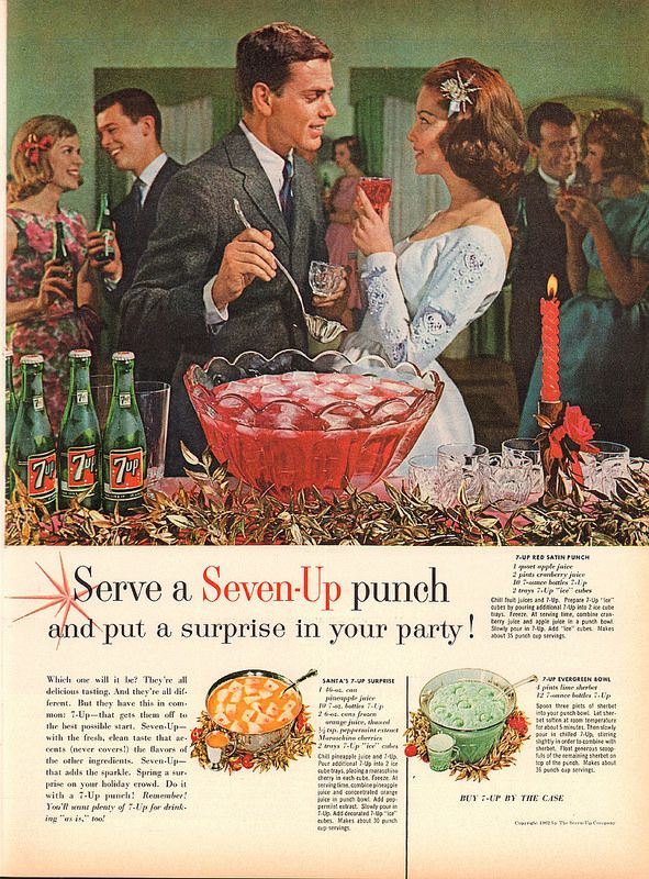 an advertisement for seven - up punch and put a surprise in your party with two people