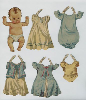 an old paper doll's clothes with baby dolls on them, including one in blue and the other in yellow