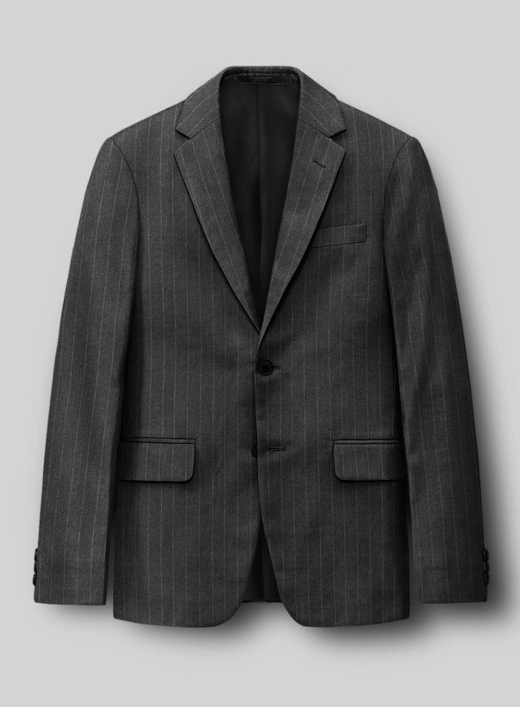 Exude confidence with finesse in our Hardy Minnis Charcoal Pinstripe Wool Suit. This sartorial masterpiece showcases a timeless pinstripe design, elegantly rendered in a sophisticated charcoal hue. Crafted from luxurious wool fabric renowned for its exceptional drape and breathability this suit ensures both comfort and a flawless silhouette. Whether you are attending high-stakes business meetings or prestigious evening events, this suit guarantees you make a statement with unparalleled grace and elegance.   The "Enterprise" collection by Hardy Minnis, crafted from Huddersfield's rich textile heritage, offers luxurious Super 100s fabric weighing 210gsm. Ideal for suits and formal wear, this collection combines traditional and modern designs, ensuring smooth handling and year-round wearabili Elegant Pinstripe Suit With Suit Collar, Luxury Striped Blazer For Formal Occasions, Elegant Striped Suits For Business Casual, Elegant Striped Suits For Semi-formal Occasions, Elegant Striped Suit With Notch Lapel, Fitted Pinstripe Suits For Business Casual, Pinstripe Fitted Suit For Business Casual, Elegant Pinstripe Suits For Business Casual, Luxury Striped Suits For Office