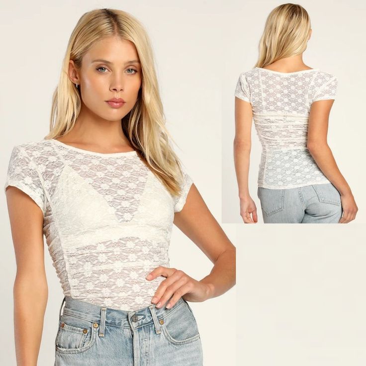 This Tee Brings Some Pep To Your Everyday Aesthetic! This Sweet Tee Features Dainty Sheer Floral Lace That Shapes A Crew Neckline, Short Sleeves, And A Fitted, Bodycon Silhouette. Flattering Ruching Accents The Sides And Gives This Tee Some Edge. Bralette Not Included. Ivory Color 90% Polyester, 10%Spandex Size Xs Length: 23'' Pit To Pit: 16'' New Without Tag, Tag String Still Attached B-58(10) Fitted Lace Top T-shirt For Spring, Spring Crew Neck T-shirt With Lace Top, Fitted Lace Top T-shirt With Crew Neck, Fitted Short Sleeve Lace Top T-shirt, Feminine Stretch Lace Top With Short Sleeves, Feminine Fitted Short Sleeve T-shirt, Casual Stretch Lace Top With Short Sleeves, Fitted Crew Neck Lace Top, Casual Stretch Mesh Top With Lace