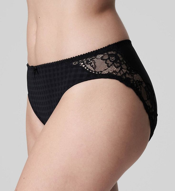 This stylish, chic panty has patterned microfiber in front and a solid back panel edged with wide floral lace. Made from polyamide (nylon), elastane, polyester, and cotton. Sewn-on elastic waistband secures the fit and has cute picot trim. Jacquard patterned front features a cute bow at the center of the waistband. Stretch lace insets extend from the hips down the back edges for a sexy look. Flattering mid rise. Seamless rear with cheeky coverage. Leg openings have sewn-on elastic to ensure a gr Checked Fabric, Full Cup Bra, New Bra, Lace Inset, Elastic Laces, Stretch Lace, Sheer Lace, Stretchy Material, Briefs