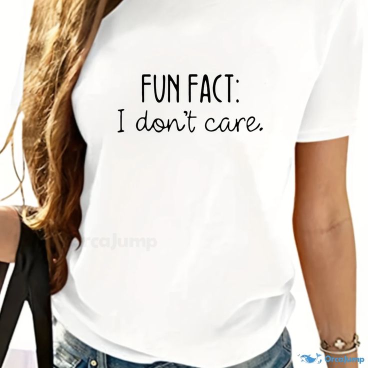 Orcajump - I Don't Care Print T-Shirt, Summer Short Sleeve Casual Top, Women's Clothing Fun Slogan Crew Neck Top, Casual Tops With White Funny Print, Casual Short Sleeve Tops With Funny Text, Casual Crew Neck Top With Funny Text, Funny Crew Neck Tops With Letter Print, Casual White Tops With Funny Text, Funny White Print Crew Neck T-shirt, Fun Crew Neck Shirt With Letter Print, Funny Crew Neck Top With Text