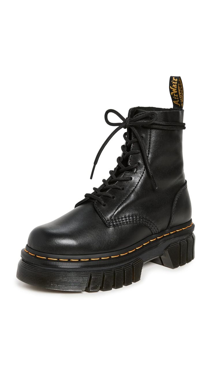 PRICES MAY VARY. Slip-resistant PVC AirWair sole, Platform profile with contrast welt stitching, Pull tab at heel Platform: 1.5in / 40mm Casual Dr. Martens's Audrick boots are always a bold choice for off-duty days. They feature an 8-eye shaft in pure black leather, plus a platform lug sole with the brand's signature air cushioning. Wear yours with everything from midi skirts to distressed denim. Dr Martens Audrick, Half Shoes, Dr Martens Womens, Shoe Last, Unisex Shoes, Mode Inspo, Goodyear Welt, Faux Leather Leggings, Look Casual