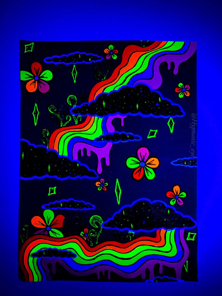 an abstract painting with rainbows and clouds in the dark blue background, which is lit up