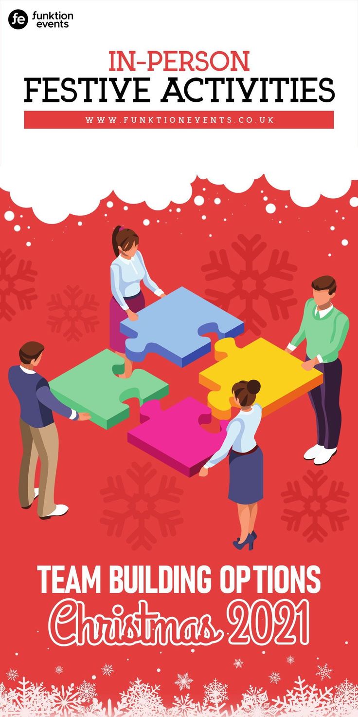 a flyer for a christmas party with people holding puzzles and snowflakes in the background