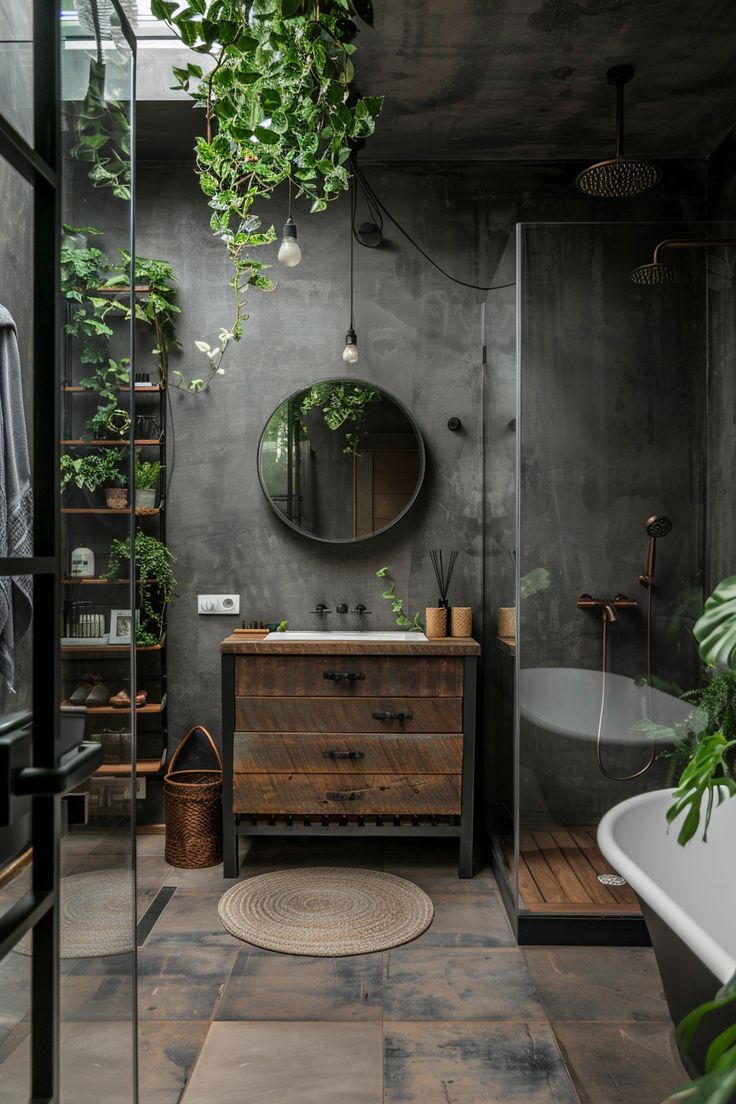 a bathroom with a sink, mirror and plants hanging from the ceiling over it's bathtub