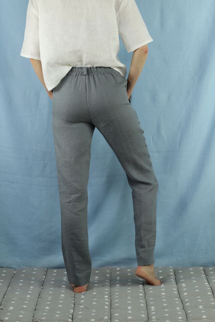 "Write the selected color in the message Women linen pants with 2 pockets in gray color, perfect for casual wear and suitable for any occasion in any season Details: - 100% natural linen produced in Europe ; - medium weight (180 gram per square meter); - color: gray, can be any from our colors catalogue (color samples at the photo); Made to order, approximately a few days, If you have any questions please message me and I will be glad to answer. Size guide : Size XS Bust: fits bust around 33\"-3 Gray Stretch Straight Leg Pants, Gray Wide Leg Bottoms With Pockets, Gray High-waisted Pants For Spring, Spring Gray High-waisted Pants, Gray Stretch Straight Pants, Gray Straight Leg Summer Bottoms, Gray Bottoms With Pockets For Summer, Casual Gray Straight Leg Bottoms, Gray Ankle-length Pants With Pockets