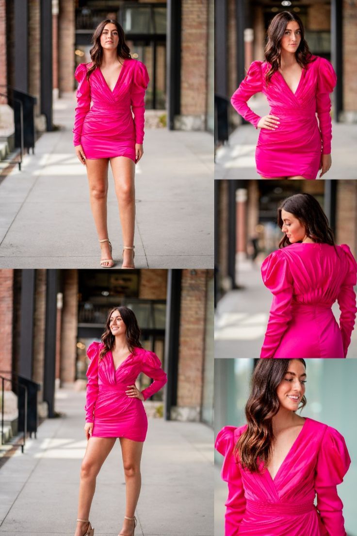 A model in a fun long sleeve cocktail dress features a v-neckline with statement shoulders and a wrap skirt. Flirty V-neck Homecoming Dress, Glamorous Long Sleeve V-neck Dress For Date Night, Ruched V-neck Mini Dress For Prom, Ruched V-neck Dress With Surplice Neckline For Night Out, Chic V-neck Prom Dress For Spring, Chic V-neck Dress For Spring Prom, Chic Fitted V-neck Prom Dress, Chic Fitted V-neck Dress For Prom, Pink V-neck Dress With Surplice Neckline For Formal Occasions