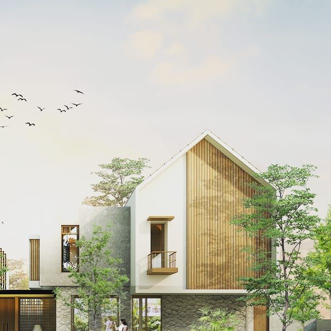 an artist's rendering of a house with birds flying over the roof and windows