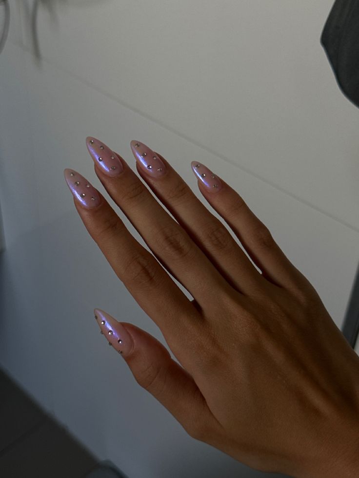 Chrome Nail With Rhinestones, Pink Chrome Nails With Rhinestones, Chrome With Rhinestones Nails, Pink Chrome Nails With Gems, Chrome Nails With Diamonds, Pink Almond Birthday Nails, Sheer Pink Nails With Design, Sheer Chrome Nails, Pink Birthday Nails Almond