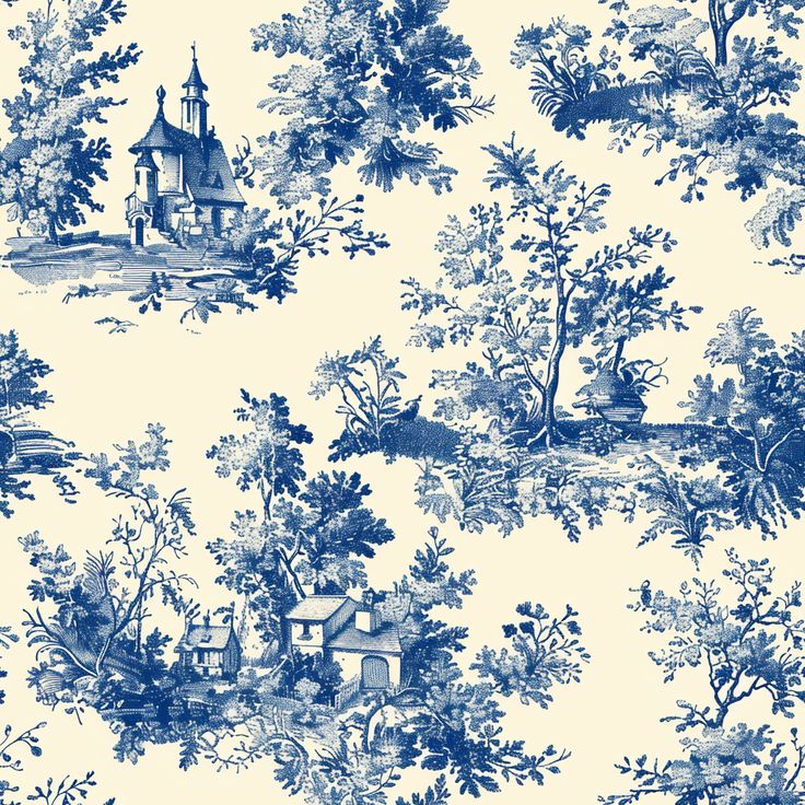 blue and white toiler wallpaper with trees, houses and buildings on it