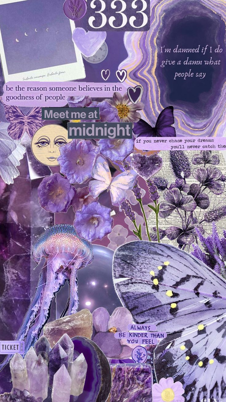 an altered collage with purple flowers and butterflies