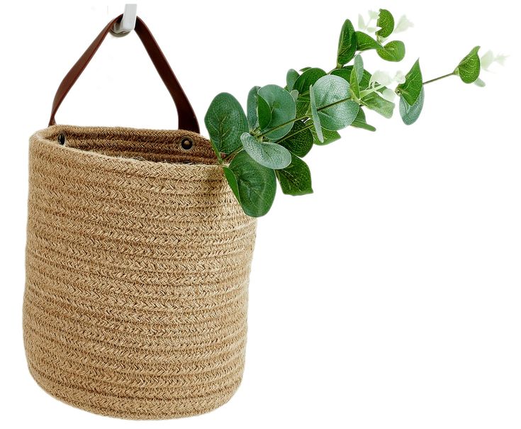 a plant is growing out of a woven basket with leather handles on the handle that holds it