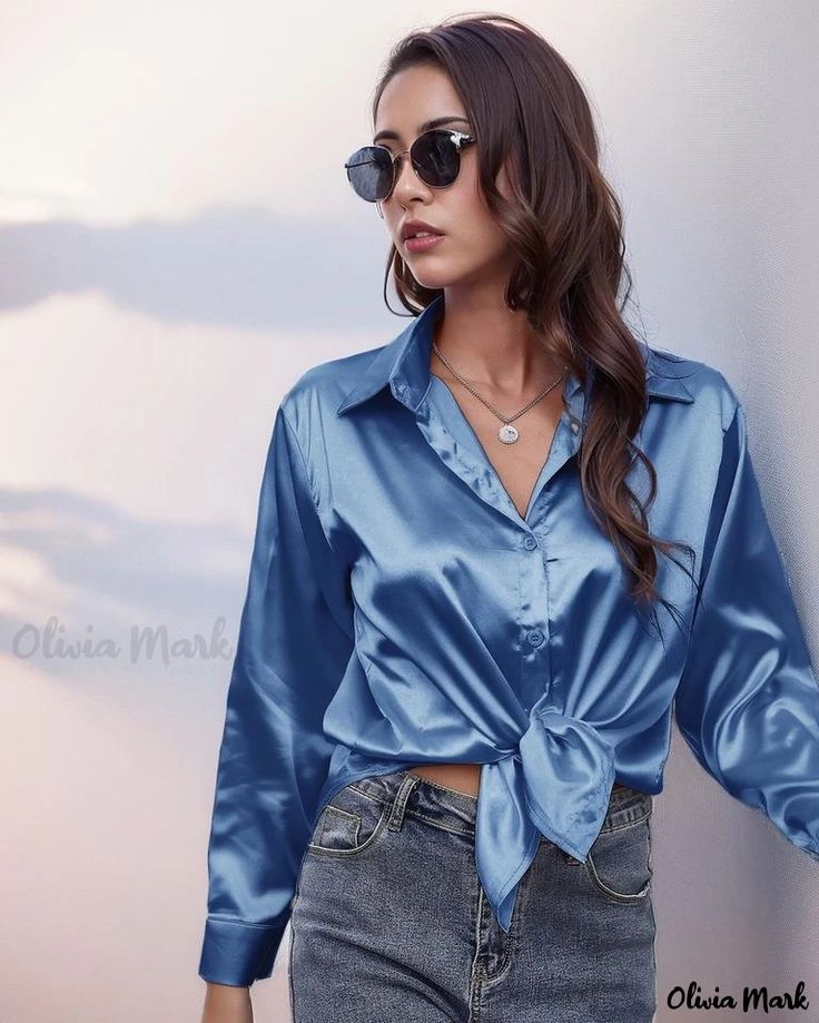 OliviaMark - Elegant Autumn Long Sleeve Shirt crafted in Luxurious Faux-Silk Satin Blue Long Sleeve Silk Top, Blue Silk Long Sleeve Top, Blue Silk Long Sleeve Blouse, Fitted Silk Blue Shirt, Blue Satin Top For Workwear, Blue Fall Party Shirt, Blue Party Shirt For Fall, Blue Long Sleeve Satin Top, Blue Satin Tops For Spring