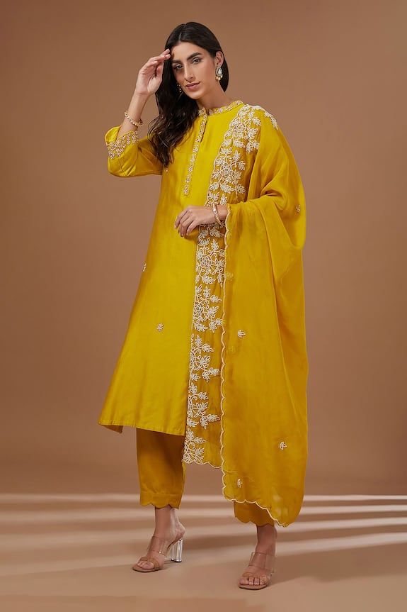 Mustard yellow full sleeves A-line kurta with fleur dabka, dori embroidery on the placket and neckline. Paired with a straight pant and scallop border organza dupatta with misty bloom pearls embroidery. - Aza Fashions Pearls Embroidery, Embroidery Pearls, Dori Embroidery, Scallop Border, Traditional Attires, Kurta Pant Set, Pearl Embroidery, A Line Kurta, Organza Dupatta