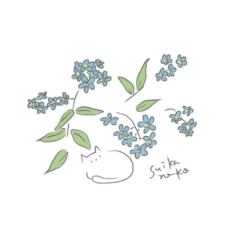 a drawing of a cat sleeping next to blue flowers with the words sit sleep written on it