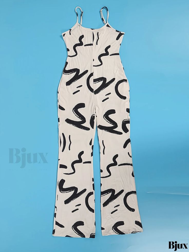 Bjux - Stylish Graphic Print Wide Leg Cami Jumpsuit - Sleek Sleeveless Design with Pockets, Perfect for Spring & Summer - Womens Fashion White Stretch Halter Neck Jumpsuits And Rompers, White Stretch Strapless Sleeveless Jumpsuit, White Fitted Strapless Sleeveless Jumpsuit, Beige Stretch Jumpsuits And Rompers For Summer, White Casual Strapless Jumpsuit For Party, Fitted High Waist Cotton Strapless Jumpsuit, Summer Printed Stretch Jumpsuits And Rompers, Summer Stretch Printed Jumpsuits And Rompers, Printed Stretch Jumpsuits And Rompers For Summer