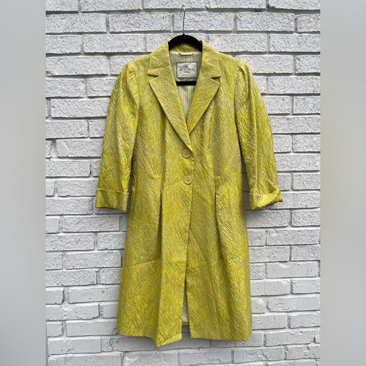 Absolutely Stunning King Lime Green Etro Milano Trench Coat Practically New Small Spot On Left As Pictured Under Arm Shoulder Length 40” Pit To Pit 18” Shoulder To Shoulder 15-17” Sleeve 22” Cuff 2” Waist 16” Across Waist 30” Around Neck Opening 4.5” Across Elegant Green Silk Outerwear, Fitted Silk Long Coat, Silk Long Coat Formal Outerwear, Spring Silk Outerwear For Formal Occasions, Silk Outerwear For Spring Formal Occasions, Spring Formal Silk Outerwear, Designer Silk Blazer For Spring, Elegant Yellow Blazer For Semi-formal Occasions, Tailored Silk Outerwear For Spring