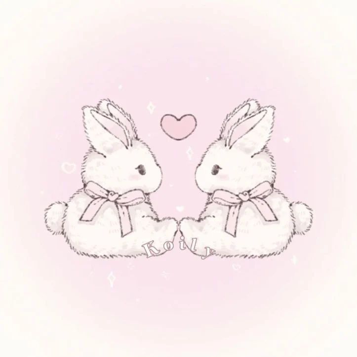 two white rabbits sitting next to each other with a heart in the background on a pink background