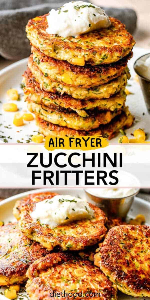 zucchini fritters are stacked on a plate with butter and yogurt