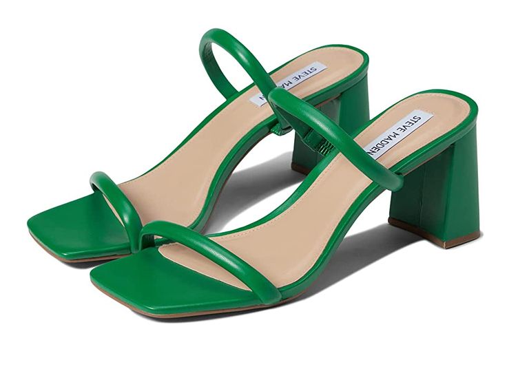 Steve Madden Lilah Sandal - Women's Shoes : Green : Be on-trend with the Steve Madden Lilah Sandal. Slip-on styling with straps at the toes and vamp of the foot. Square, open-toe design. Synthetic upper. Lining, insole, and outsole made of leather material. Flared, block heel. Made in Brazil. Measurements: Heel Height: 2 3 4 in Weight: 8 oz Product measurements were taken using size 8, width M. Please note that measurements may vary by size. Trendy Medium Width Sandals With Heel Loop, Trendy Medium Width Sandals With Heel Strap, Trendy Sandals With Heel Strap Medium Width, Trendy Open Toe Sandals With Heel Loop, Green Open Toe Sandals With Sculpted Heel, Adjustable Open Toe Heels With Padded Heel, Trendy Medium Width Square Toe Sandals, Trendy Medium Width Sandals With Square Toe, Trendy Square Toe Sandals Medium Width