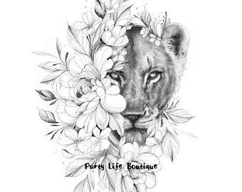 a pencil drawing of a lion surrounded by flowers and leaves, with the words portly life boutique above it