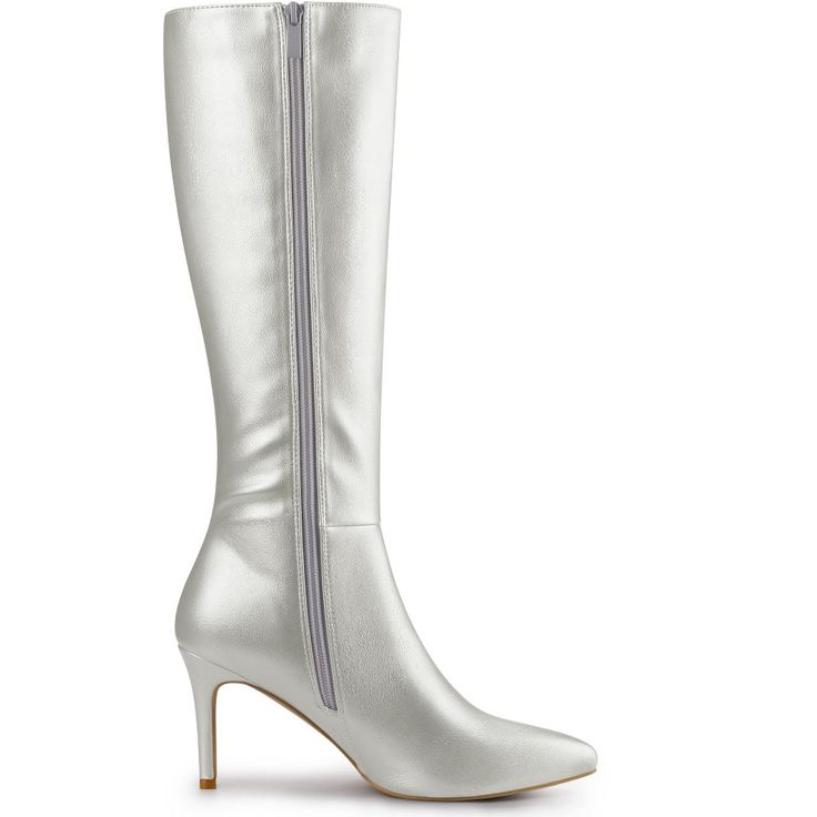 These women's stiletto-heel knee-high boots feature a pointy toe, high heels, and a soft faux leather upper that is versatile and comfortable. They are finished with a cushioned insole, soft interior lining, and a side zipper closure for easy on and off. Add a touch of style to your daily outfits to keep your legs looking long and attractive and keep you warm this season. Fitted Faux Leather Heels With Zipper Closure, Faux Leather Fitted Heels With Zipper Closure, Faux Leather Heels With Zipper Closure, Fitted High Heel Knee-high Boots With Zipper, Fitted High Heel Knee-high Boots With Zipper Closure, Fitted Heeled Boots With Zipper And Pointed Toe, Elegant Boots With Zipper Closure In Medium Width, Elegant Boots With Zipper Closure, Medium Width, Fitted High Heel Boots With Zipper Closure