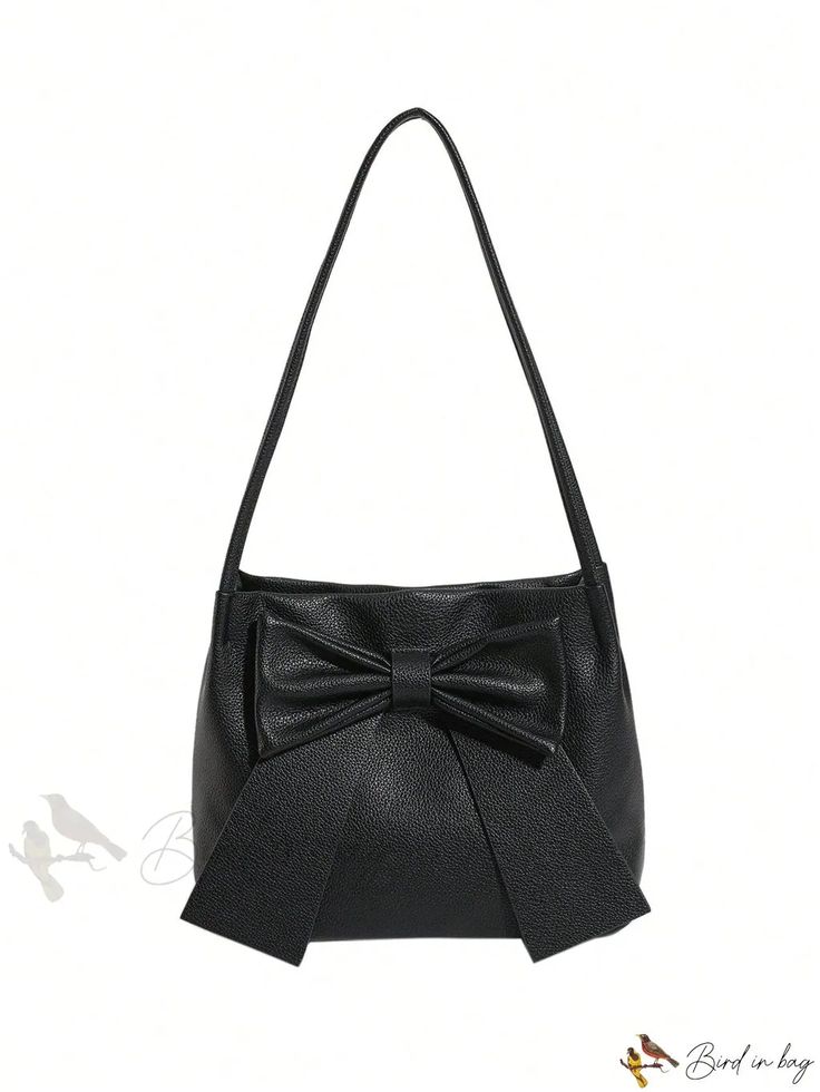 Bird in Bag - Medium Double-Strap Black Decorative Shoulder Bag Faux Leather Bag For Everyday Use, Faux Leather Everyday Bag, Faux Leather Bags With Strap For Daily Use, Black Strap Bags For Everyday Use, Black Faux Leather Baguette Bag With Adjustable Strap, Faux Leather Shoulder Bag With Strap For Daily Use, Black Shoulder Bag With Strap For Daily Use, Daily Use Faux Leather Bag With Strap, Chic Bags With Long Strap For Daily Use