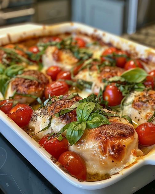 a casserole dish with tomatoes, cheese and basil on top is ready to be eaten