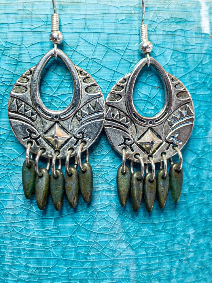 Aztec Earrings With Czech Glass - Etsy Adjustable Bohemian Beaded Metal Earrings, Adjustable Bohemian Dangle Earrings, Adjustable Bronze Bohemian Earrings, Unique Nickel-free Chandelier Drop Earrings, Bohemian Green Teardrop Earrings With Ear Wire, Bohemian Chandelier Earrings For Pierced Ears, Bronze Festival Earrings, Green Bohemian Chandelier Earrings, Bohemian Teardrop Single Plug Earring