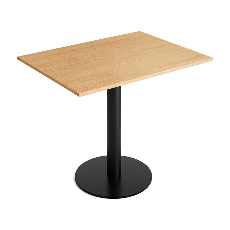 a square table with a black base and a light wood top on an isolated white background