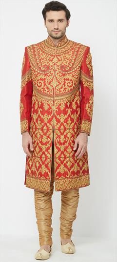 Red and Maroon color Sherwani in Art Silk fabric with Embroidered, Sequence, Stone, Zari work Traditional Red Bandhgala For Transitional Season, Red Fitted Sherwani For Transitional Season, Traditional Red Sherwani With Pallu, Red Long Traditional Wear With Dabka Work, Red Ceremonial Sherwani For Diwali, Traditional Red Ceremonial Sherwani, Red Bandhgala With Zari Work For Transitional Season, Red Fitted Sherwani With Traditional Drape, Red Long Sleeve Sherwani With Resham Embroidery