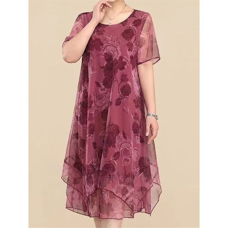 Season:Summer,Fall,Autumn,Spring; Fabric:Chiffon; Sleeve Length:Short Sleeve; Look After Me:Hand wash; Gender:Women's; Style:Elegant Dress,Mature,Fashion,Party; Elasticity:Micro-elastic; Occasion:Cocktail Party,Vacation,Tea Party,Going out,Wedding Guest,Summer Dress,Spring Dress; Fit Type:Regular Fit; Dresses Type:Party Dress,Burgundy Dress,Cocktail Dress,Wedding Guest Dress; Pattern:Floral; Design:Layered,Mesh,Print; Neckline:Crew Neck; Special Size:Plus Size; Front page:FF; Listing Date:07/24/ Summer Wedding Knee-length Chiffon Dress, Purple Chiffon Dress For Summer Wedding, Purple Chiffon Summer Wedding Dress, Summer Wedding Purple Chiffon Dress, Elegant Purple Chiffon Summer Dress, Elegant Purple Chiffon Dress For Summer, Purple Short Sleeve Chiffon Dress, Non-stretch Chiffon Dress With Short Sleeves, Purple Chiffon Short Sleeve Dresses