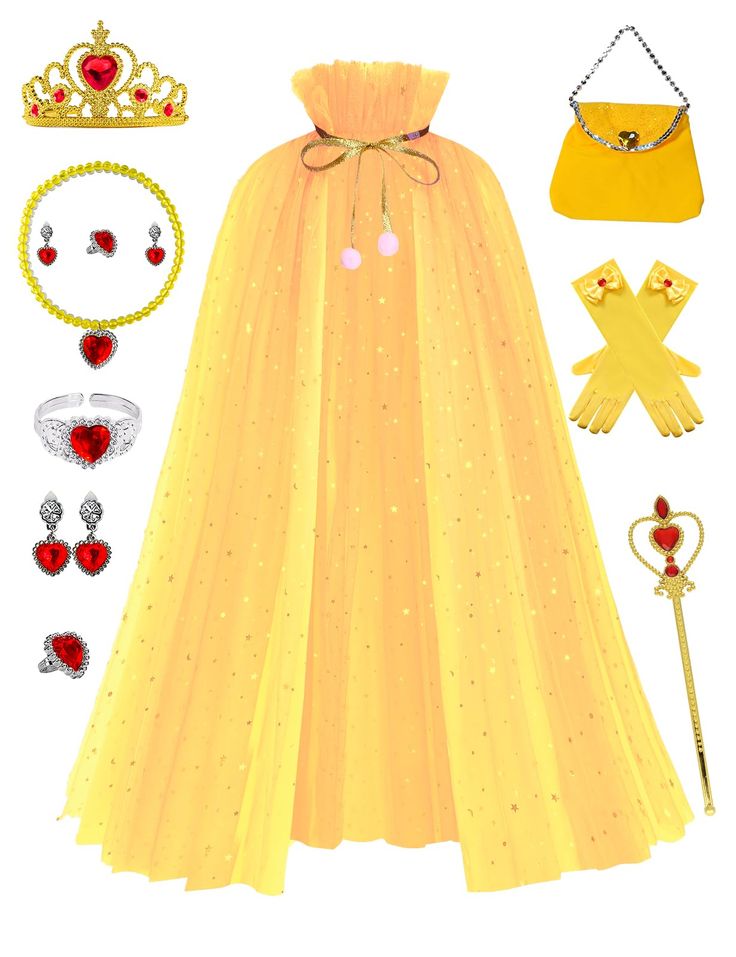 a yellow dress and accessories are arranged on a white background