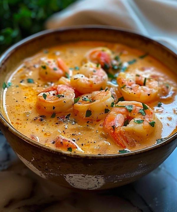 a brown bowl filled with soup and shrimp