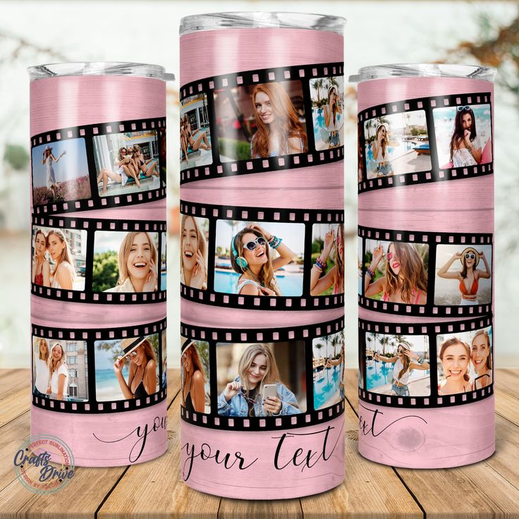 three pink tumbles with photos on them