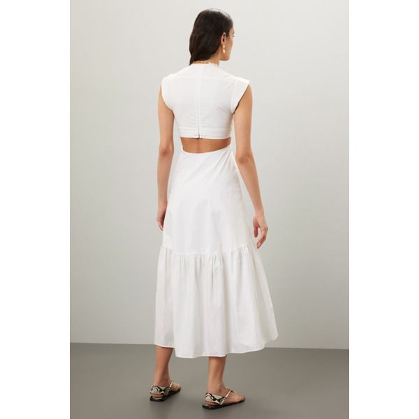 White (100% Cotton). Casual dress. Cap sleeves. Plunge neck. Back zipper closure. 50" from shoulder to hemline. Imported. White Dress With Back Zipper For Day Out, V-neck Dress With Back Zipper For Day Out, Chic Summer Midi Dress With Back Zipper, Summer Date Night Midi Dress With Back Zipper, White Midi Dress With Back Zipper For Summer, Spring Daywear Dress With Back Zipper, Spring Dresses With Back Zipper For Daywear, V-neck Midi Dress With Back Zipper For Spring, Summer White Midi Dress With Back Zipper