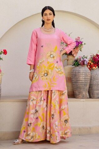 Pink kurta with floral and honeycomb print highlighted by sequin and bead. Comes with matching printed sharara and gota border dupatta. - Aza Fashions Floral Print Wedding Sets For Eid, Traditional Floral Print Sharara For Spring, Multicolor Gota Work Sets For Spring, Spring Wedding Sharara With Gota Work, Designer Floral Print Sets For Festivals, Spring Wedding Set With Gota Work, Spring Wedding Sets With Gota Work, Semi-stitched Floral Print Art Silk Sharara, Pink Unstitched Floral Print Sharara