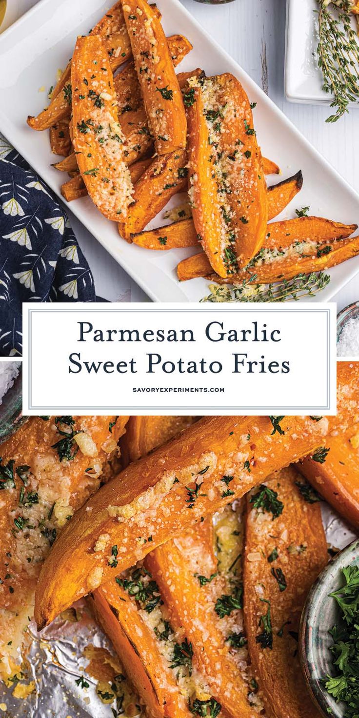 parmesan garlic sweet potato fries on a white platter with other side dishes