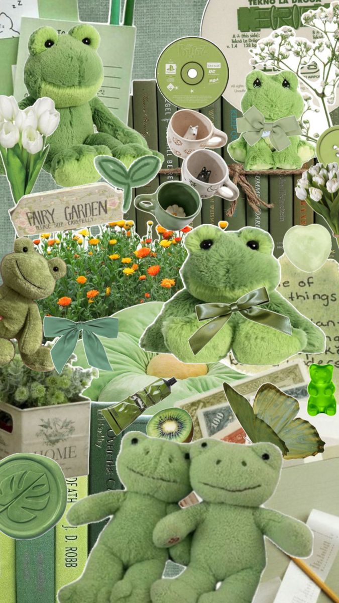 a collage of stuffed animals and flowers