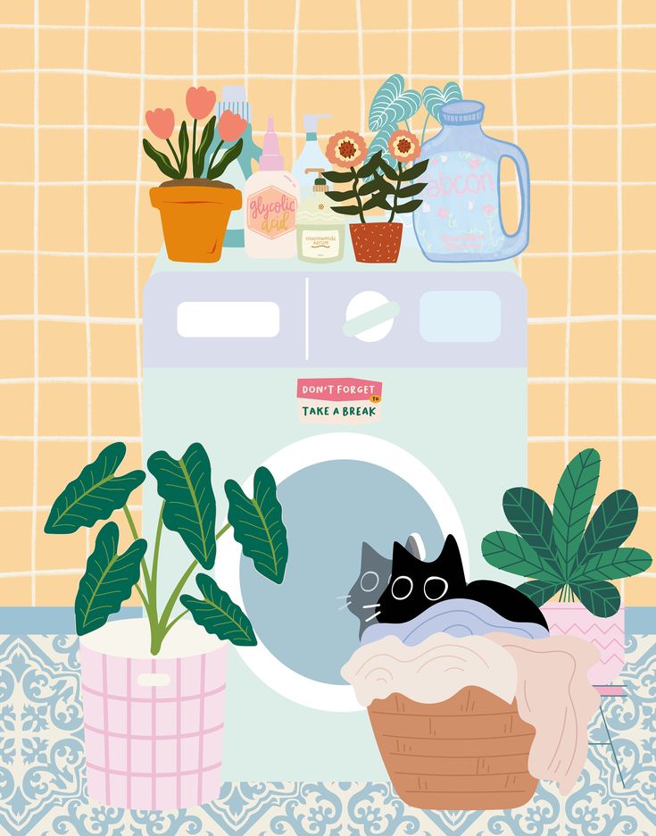 a black cat sitting in front of a washing machine next to plants and potted plants