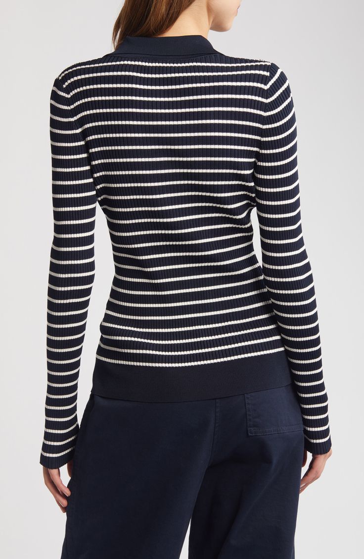 Navy Fitted Top With Contrast Stripes, Striped Tops With Ribbed Collar For Work, Striped Top With Ribbed Collar For Work, Navy Top With Contrast Stripes For Fall, Striped Ribbed Top For Workwear, Ribbed Striped Tops For Workwear, Fitted Striped Tops With Ribbed Collar, Navy Fitted Top With Striped Collar, Fitted Navy Top With Striped Collar